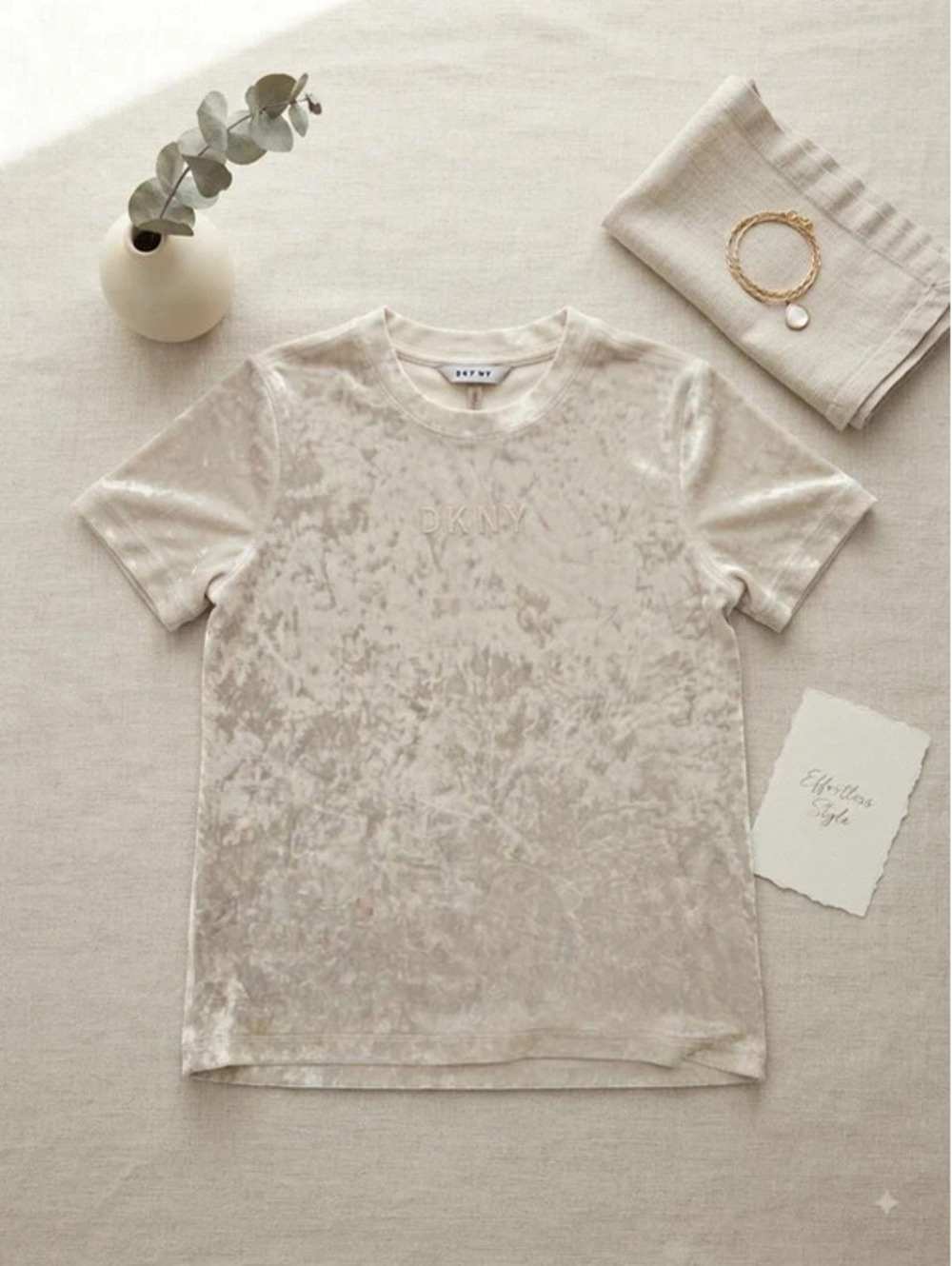 DKNY Sport crushed velvet t-shirt in a soft cream or champagne shade